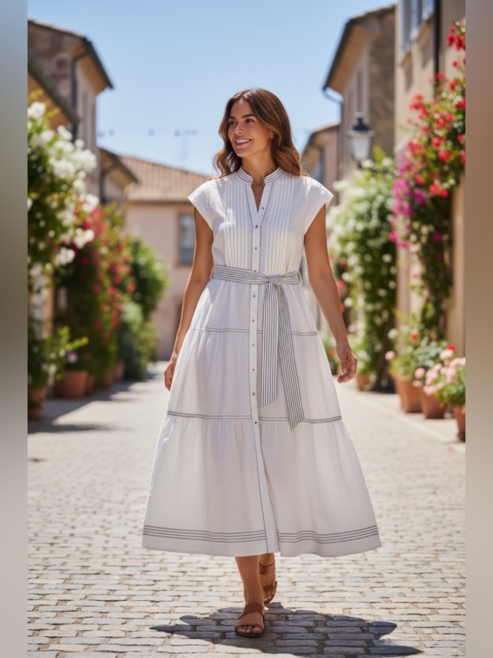 JS Collections White Midi Dress Belted Button Front Cotton Size S
